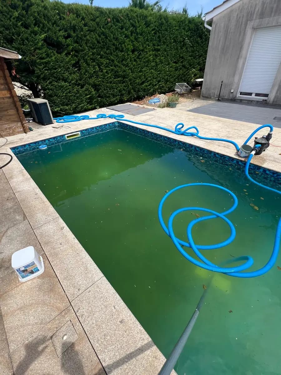 Piscine à eau verte sombre avec tuyau de traitement — rattrapage au chlore choc en cours